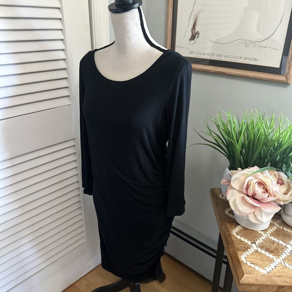 BANANA REPUBLIC Dress Womens Medium Black Ruched Midi Jersey Knit Minimalist - Picture 2 of 10